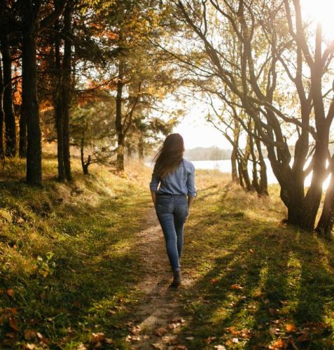 Vrouw wandelt door het bos
