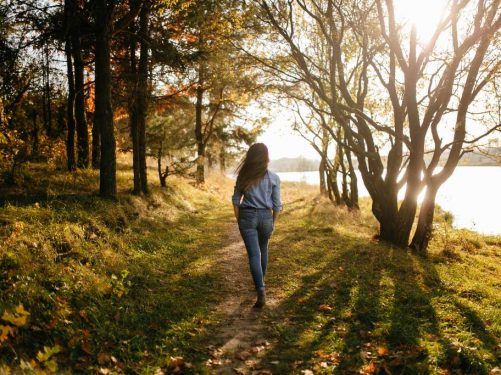 Vrouw wandelt door het bos